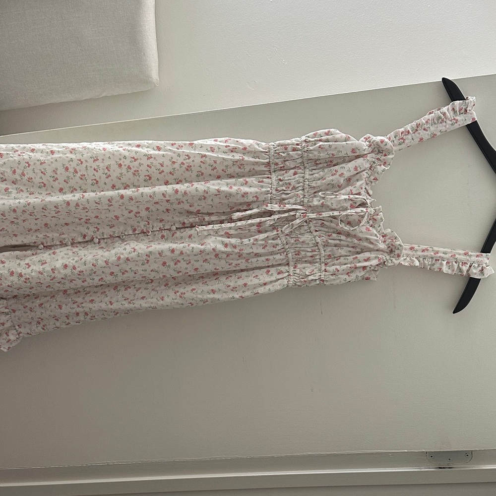 Aria White Floral Smocked Midi Dress with Pink Roses